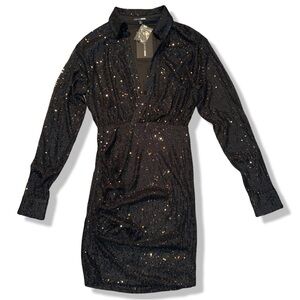 Fashion Nova Collared Black Sequin Mini Dress Size S